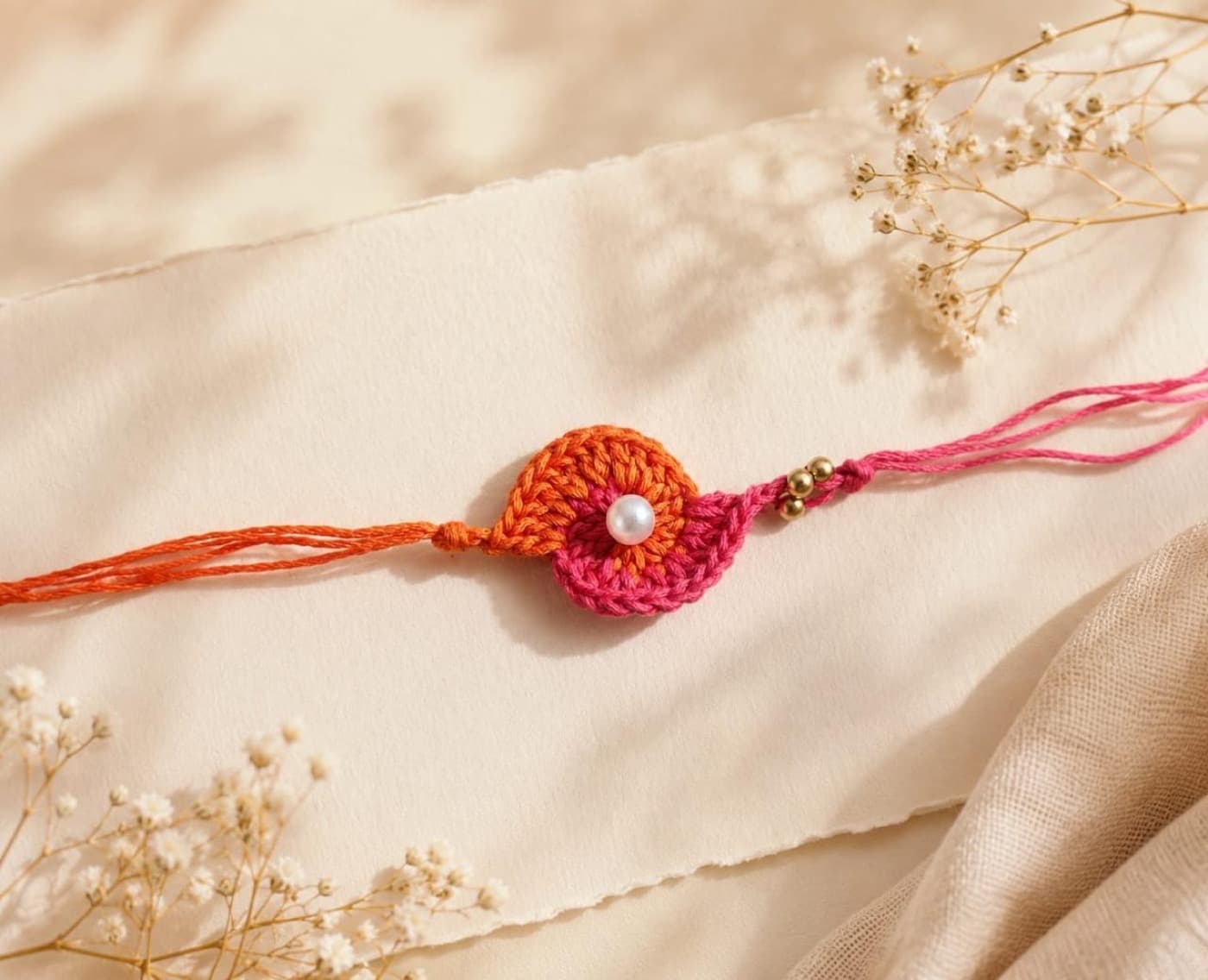 Orange & Pink Crochet Floral Rakhi — handmade crochet by Anzy Crochets